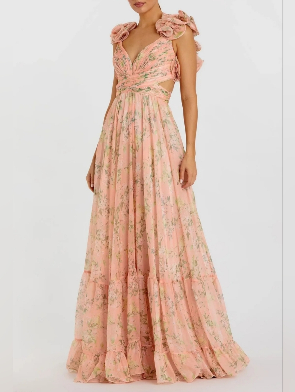 Mac Duggal Chiffon Maxi Dress. Ruffled Tiered Gown